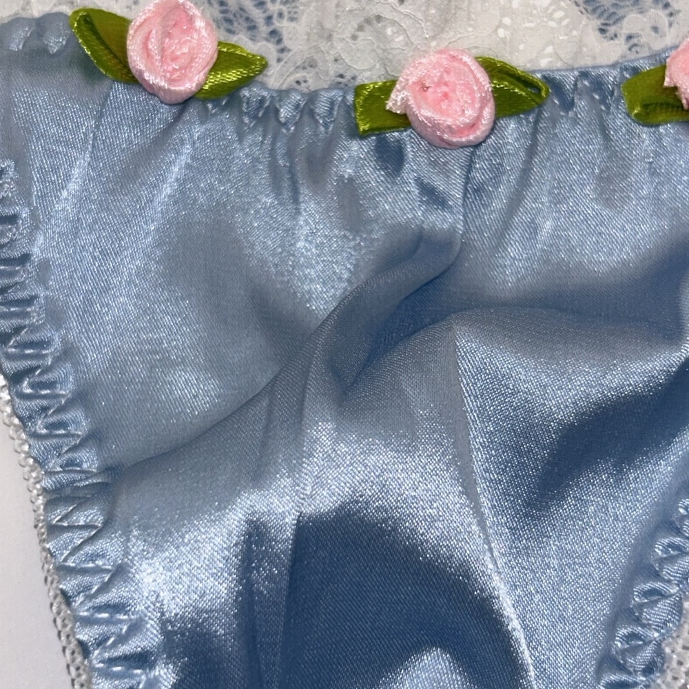 Coquette Girlie Blue Silky Satin Lace & Rosette Trim Feminine Thong Panties NWT - Picture 6 of 15